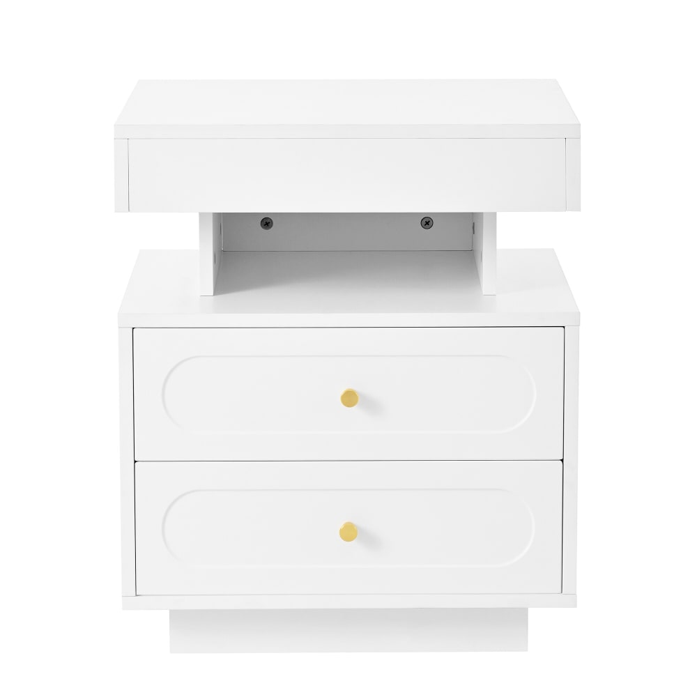 Table de chevet blanche moderne à deux tiroirs avec poignées dorées