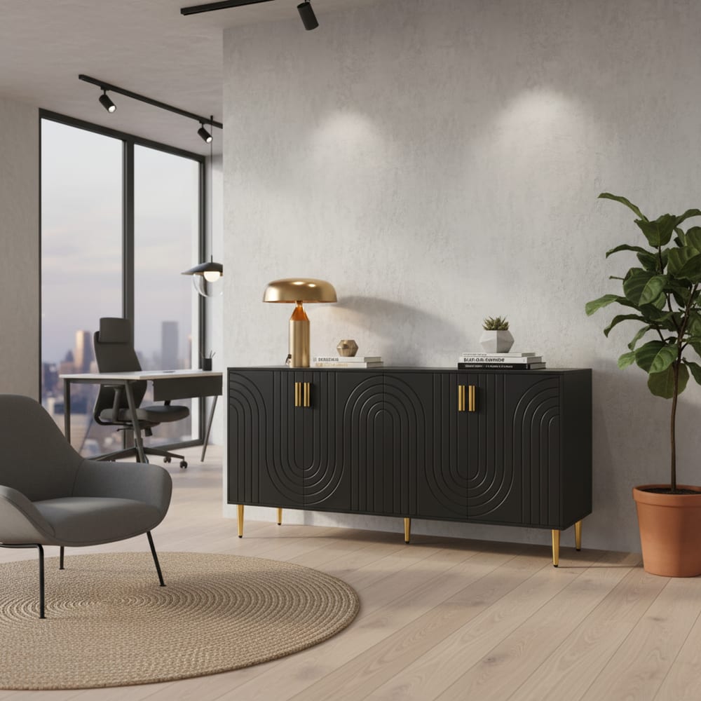 Urban Meuble Niedriges Sideboard, Modernes Design, Matt,Schwarz Schwarz Spanplatte