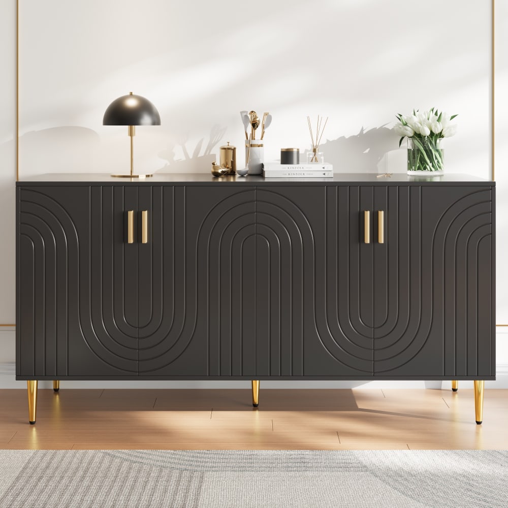 Buffet Bas Design Moderne Noir Mat avec Motifs Géométriques