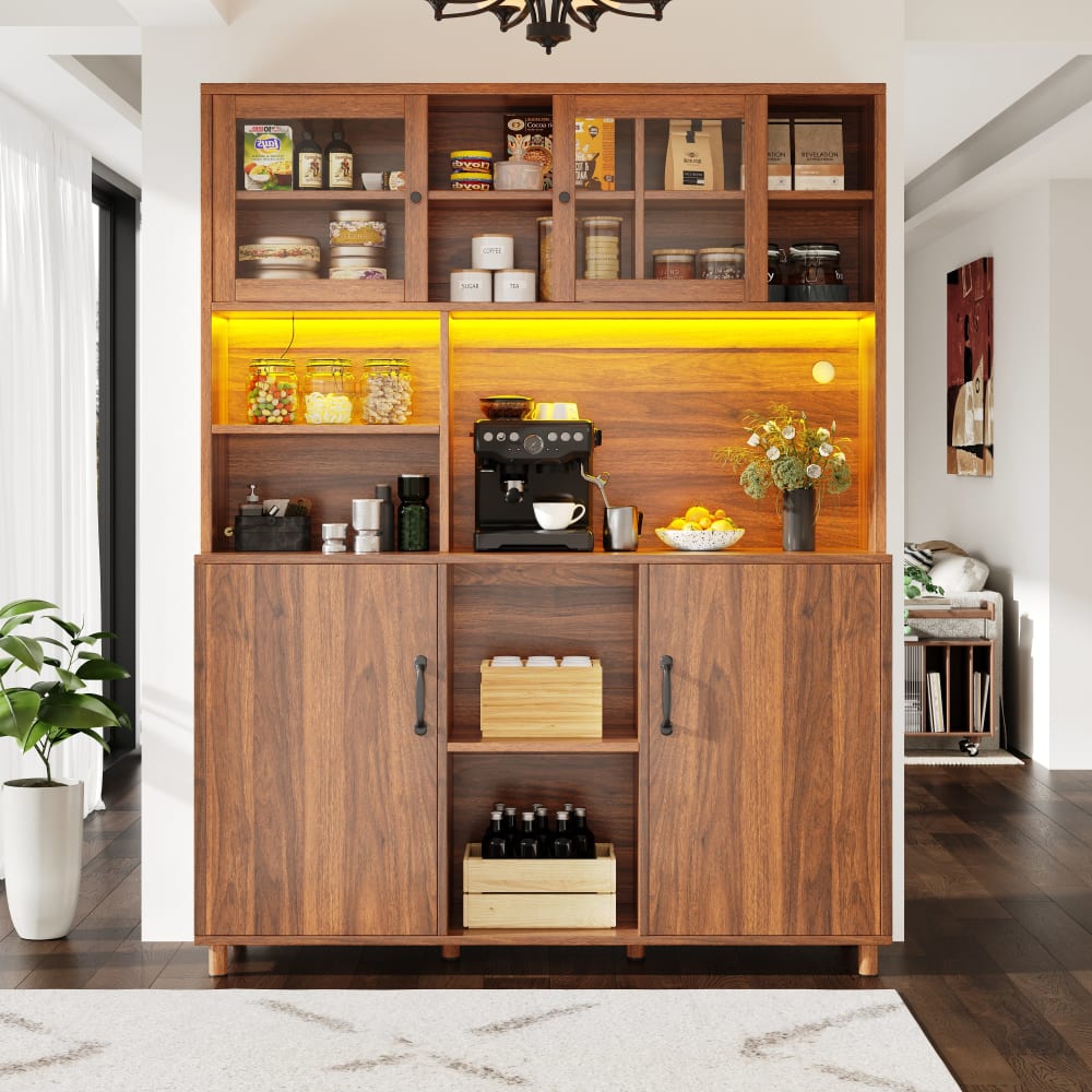 Hohes Sideboard mit LED-Beleuchtung und Glastüren,Braun - Maisons