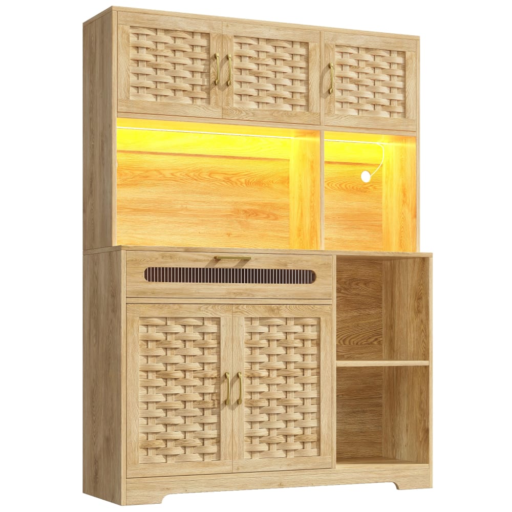 Buffet café en bois naturel avec éclairage LED et portes tressées