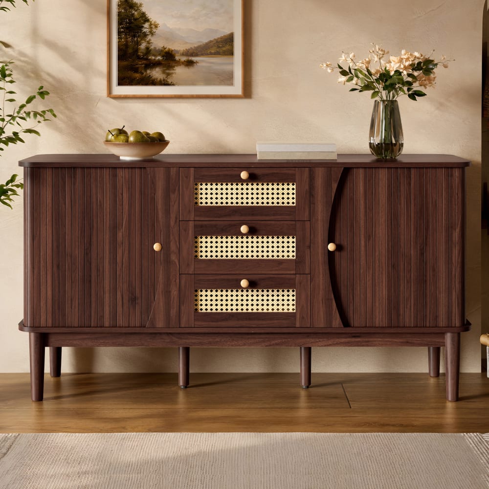 Sideboard mit Rattanschubladen und Goldenen Griffen, Braun -