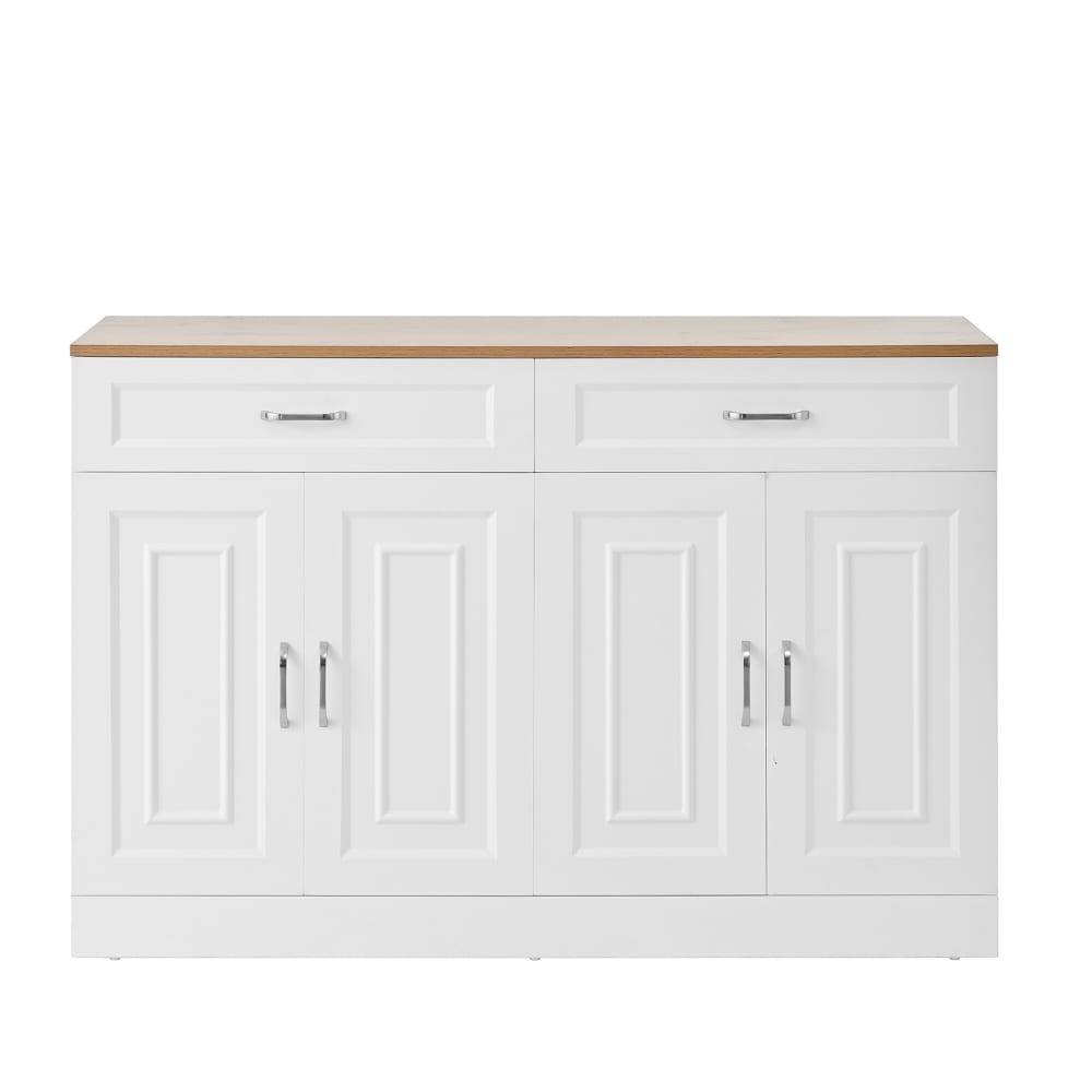 Buffet blanc avec plateau effet chêne à 4 portes et 2 tiroirs