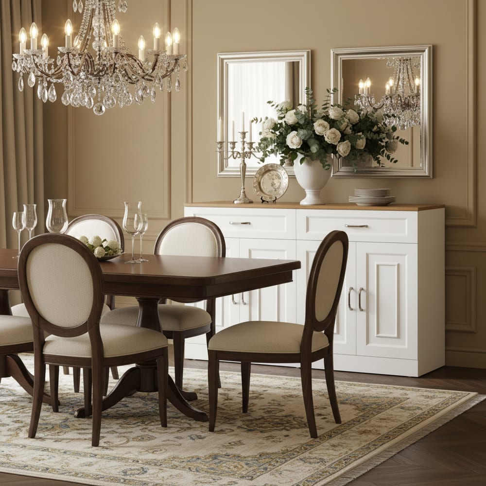 Buffet blanc avec plateau effet chêne à 4 portes et 2 tiroirs