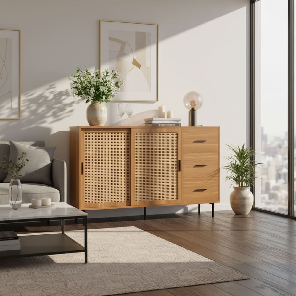 Urban Meuble Sideboard aus Holz und Naturrohr mit Schiebetüren,Braun Braun Spanplatte