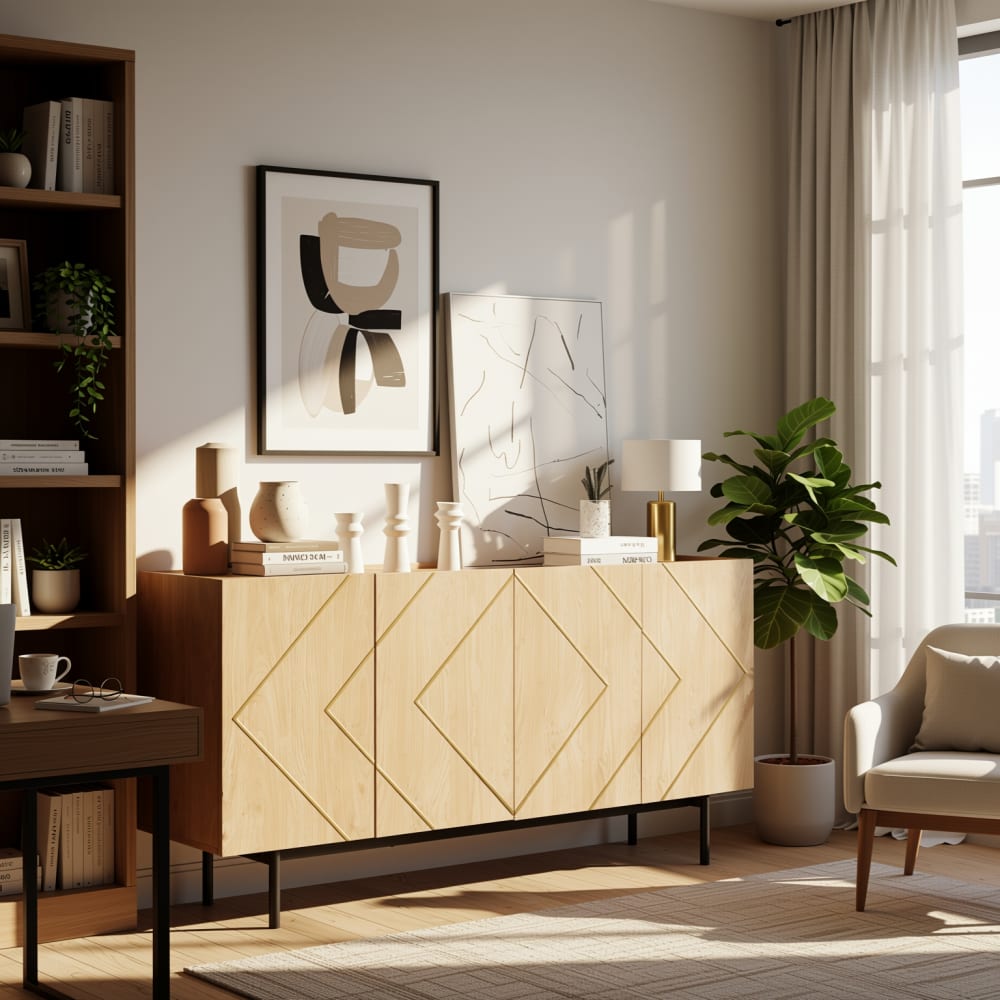 Urban Meuble Modernes und Elegantes Sideboard mit Goldeinlagen,Beige Beige Spanplatte