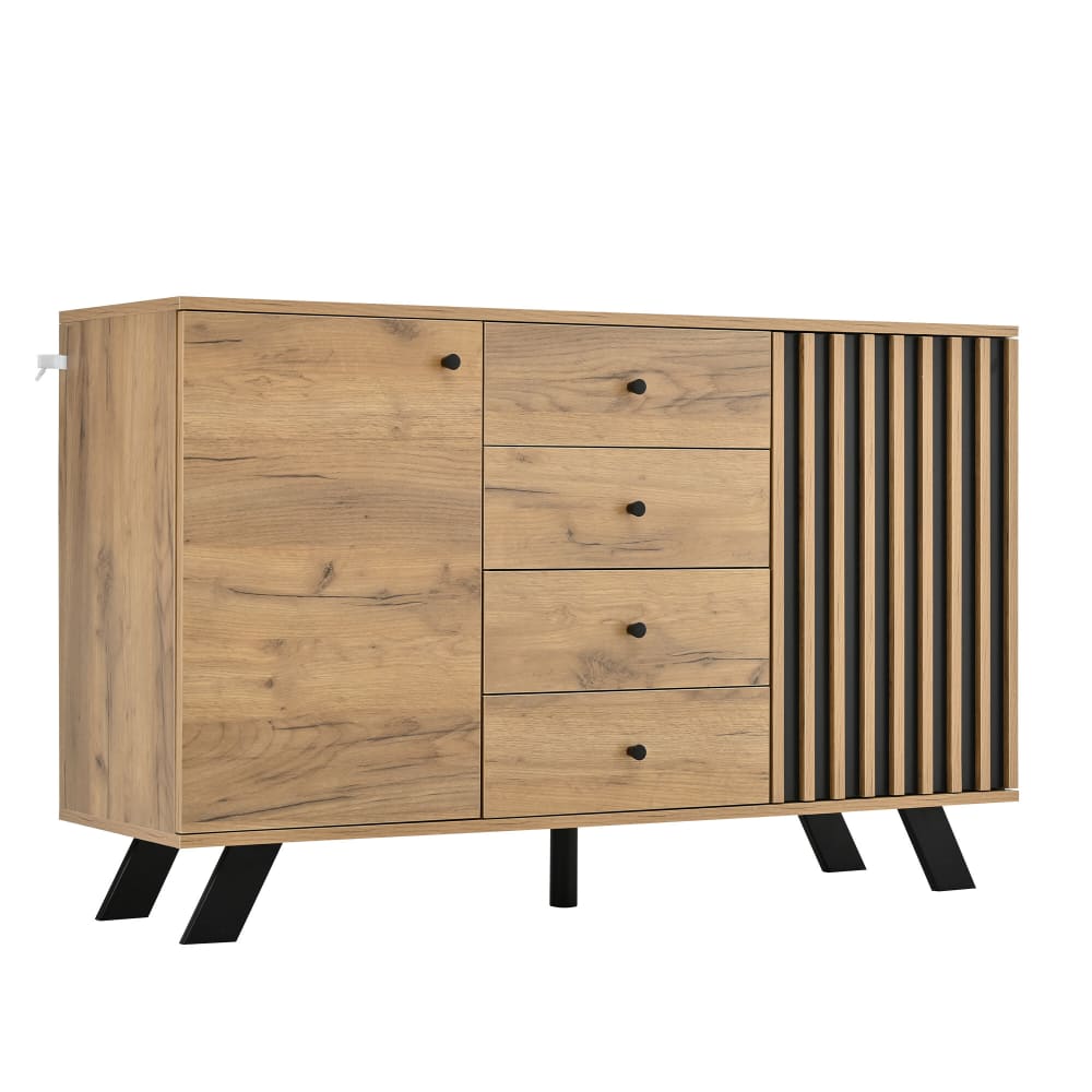 Buffet en bois effet chêne et noir à 4 tiroirs et 2 portes