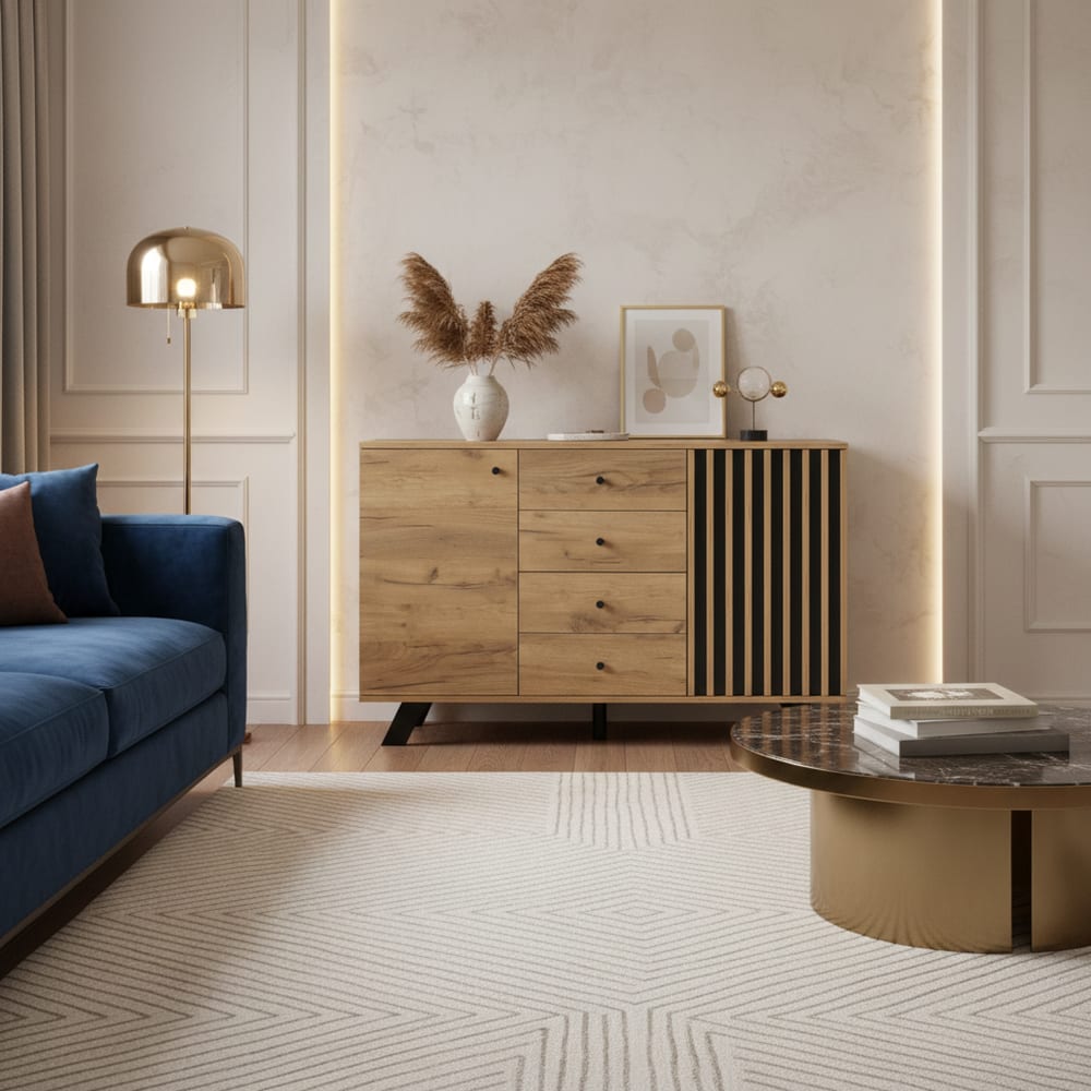 Urban Meuble Holz-Sideboard mit 4 Schubladen und 2 Türen, Eiche und Schwarz Beige Spanplatte