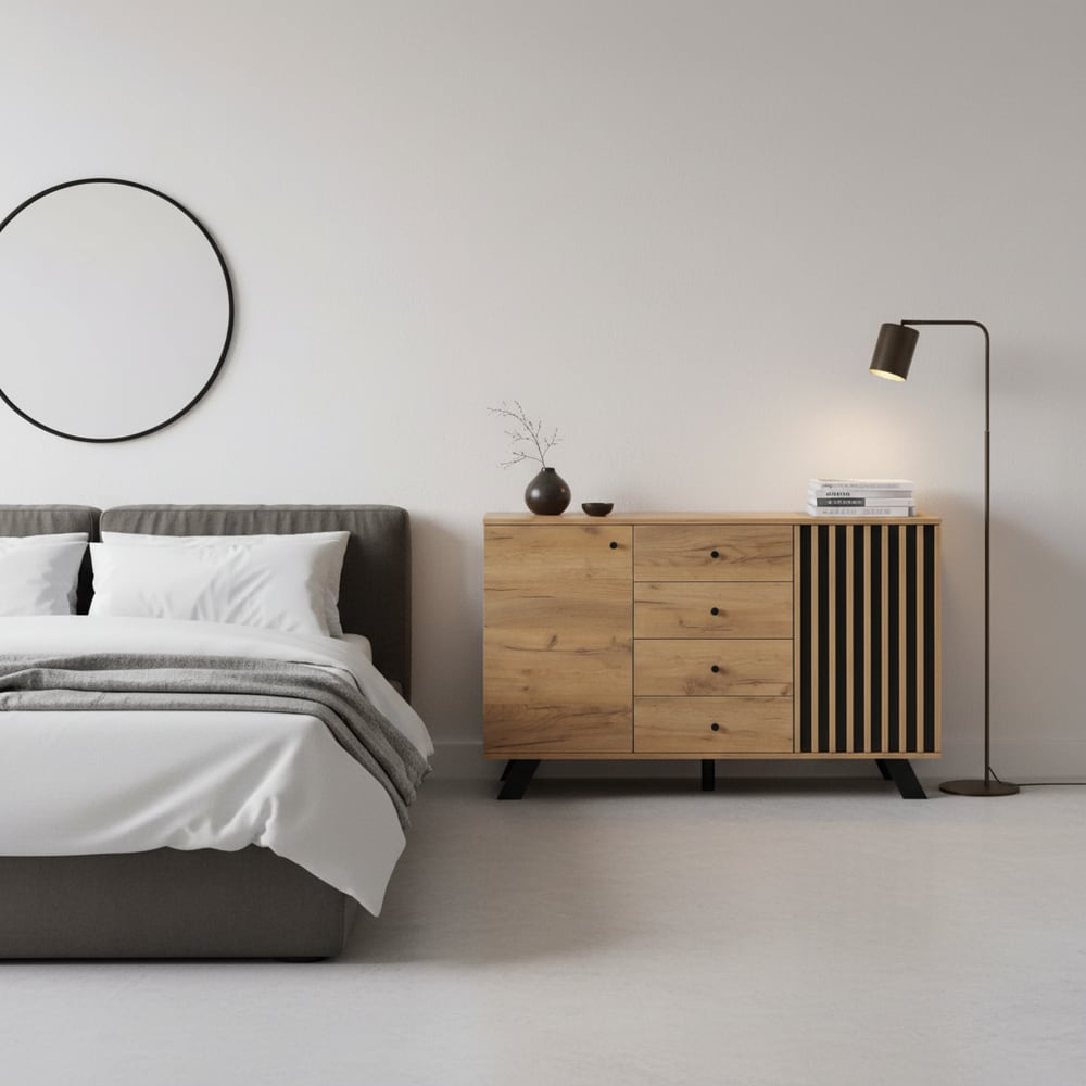 Holz-Sideboard mit 4 Schubladen und 2 Türen, Eiche und Schwarz -