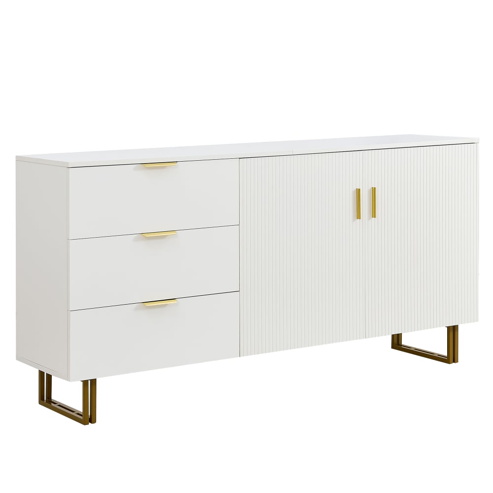 Buffet Bas Moderne Blanc avec 3 Tiroirs et 2 Portes