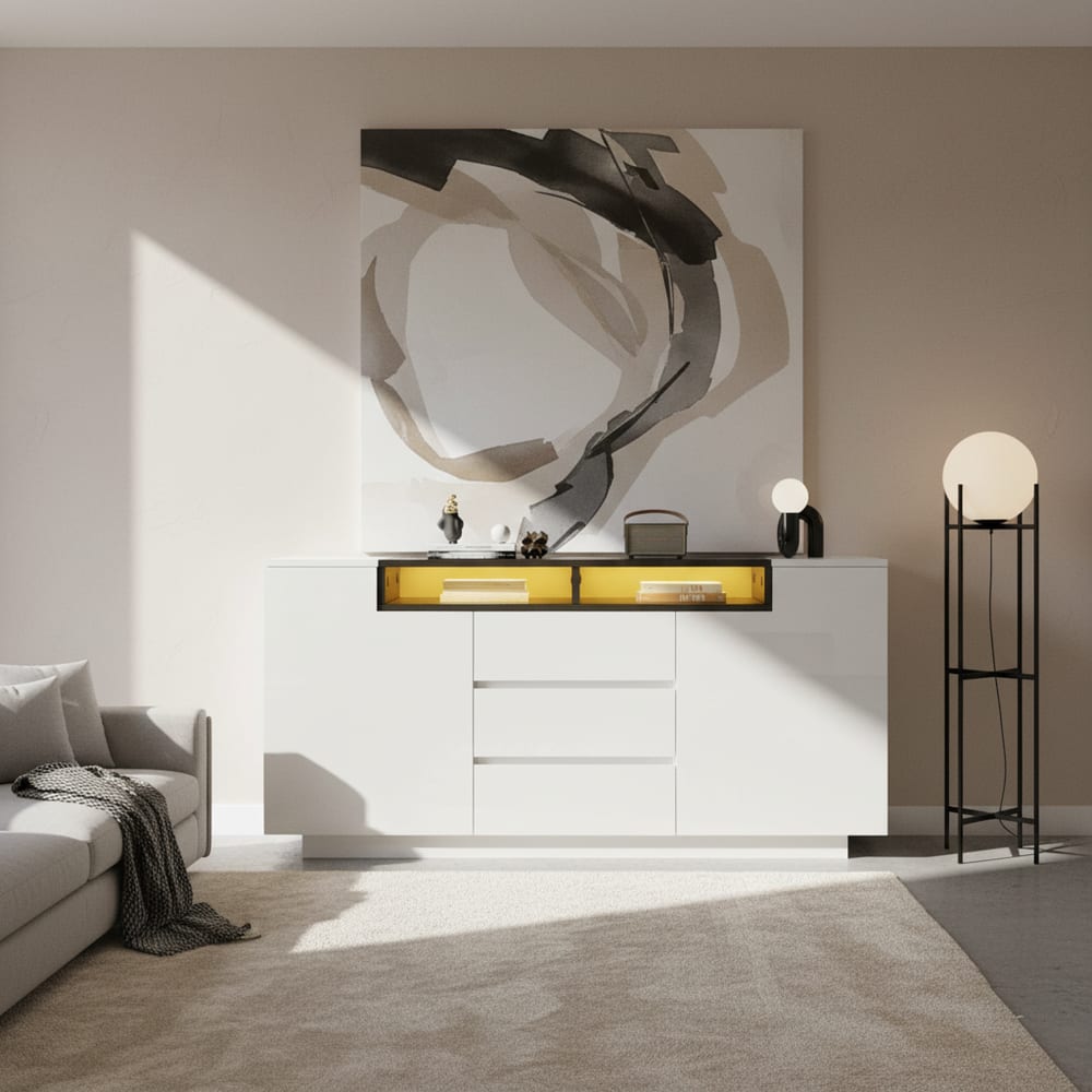 Buffet blanc laqué avec étagère noire design contemporain