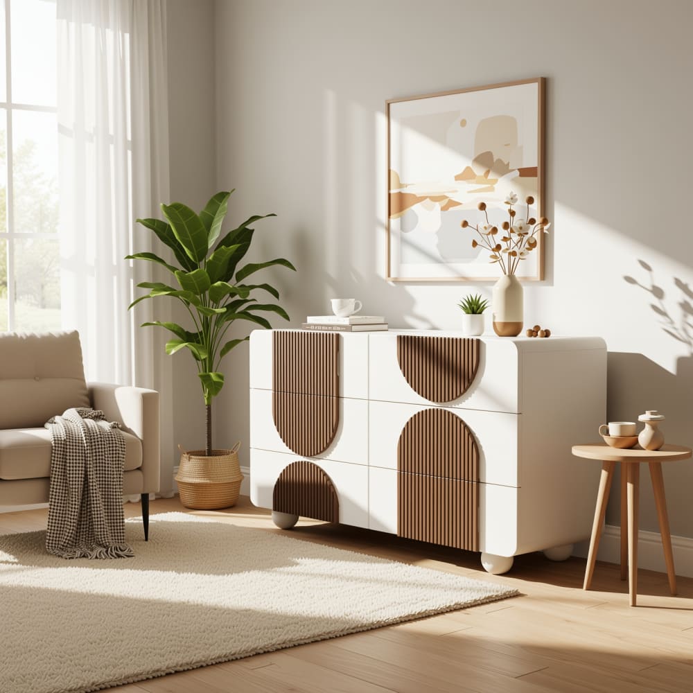 Urban Meuble Designerbuffet mit Halbmondrelief, Weiß und Braun Mehrfarbig Spanplatte