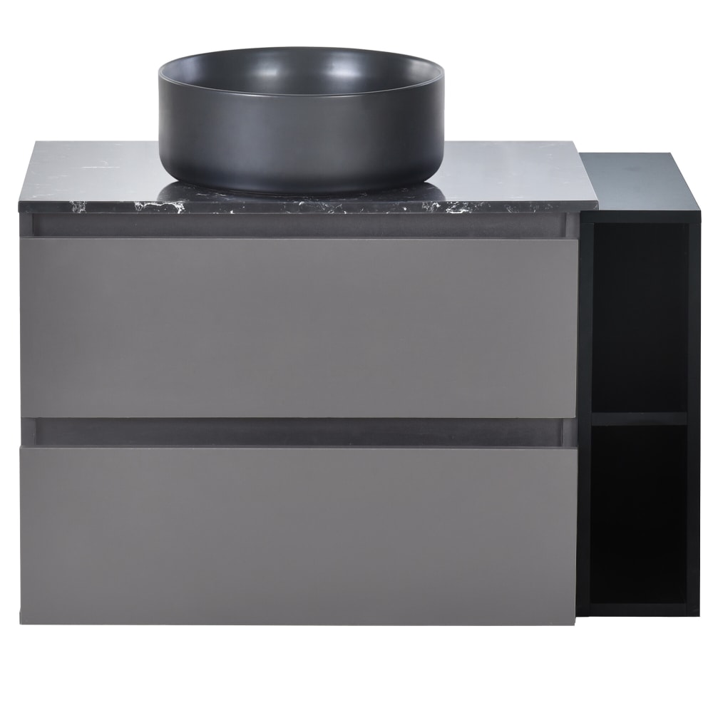 Meuble sous-vasque avec vasque ronde et plan en pierre noire