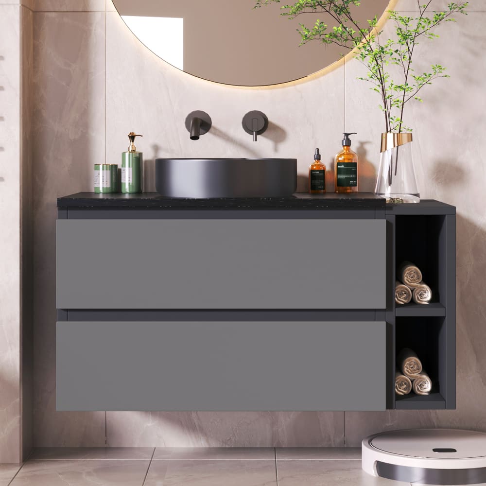 Meuble sous-vasque avec vasque ronde et plan en pierre noire