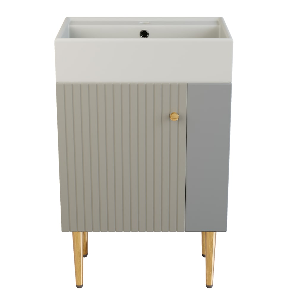 Meuble lavabo compact sur pieds dorés avec porte rainurée
