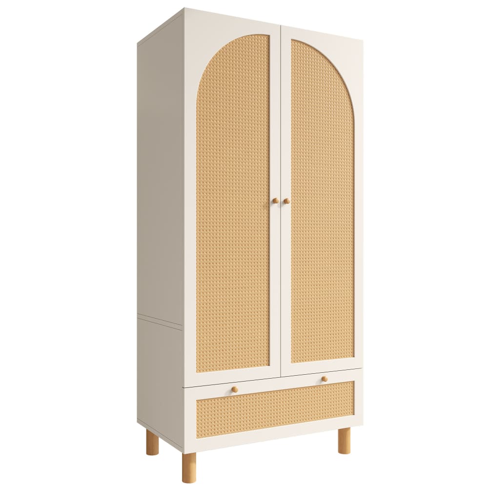 Armoire en bois blanc et rotin naturel avec tiroir