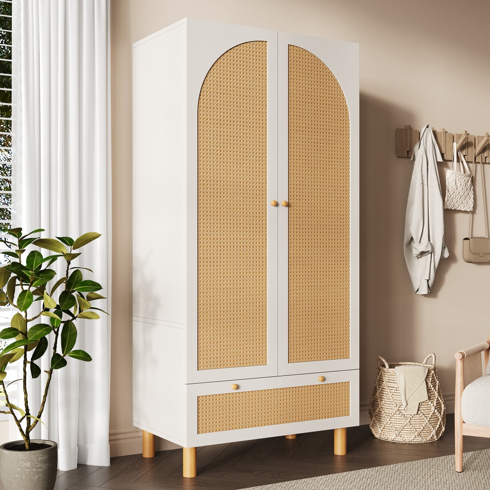 Armoire en bois blanc et rotin naturel avec tiroir