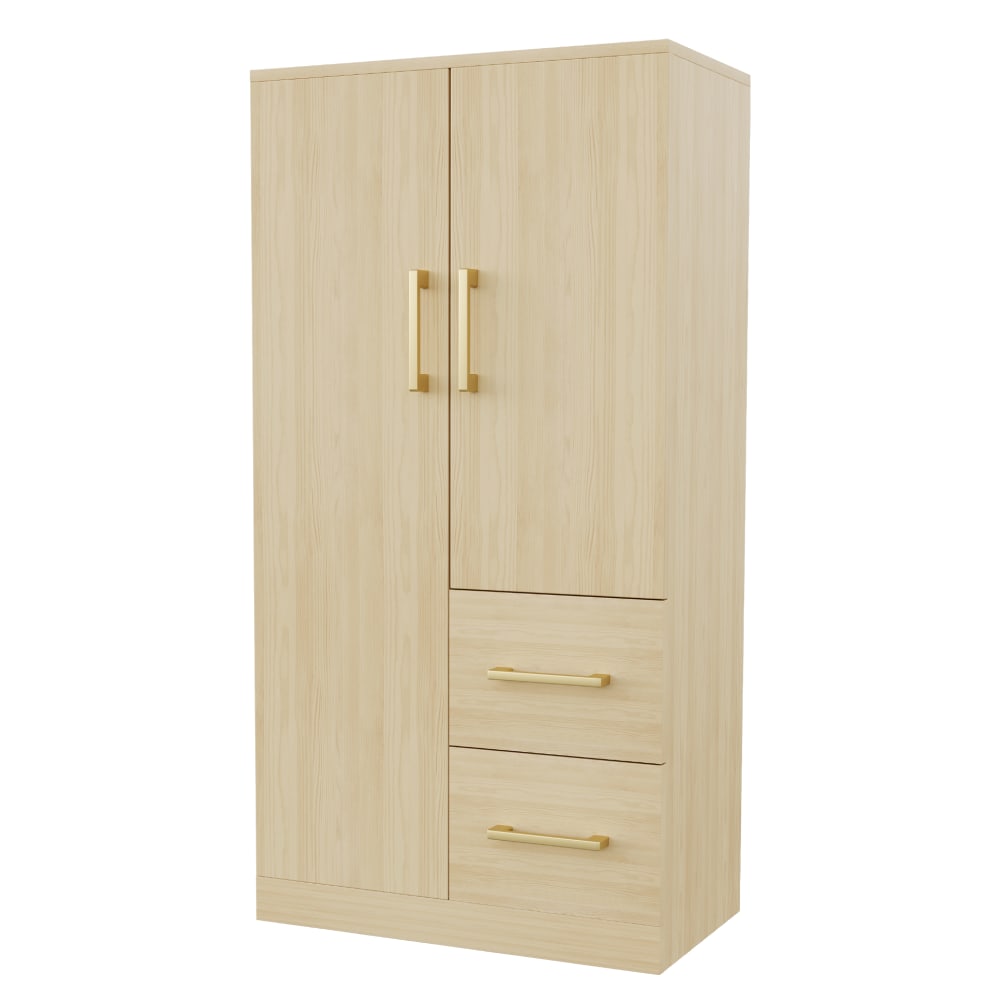 Armoire en bois clair avec penderie et tiroirs
