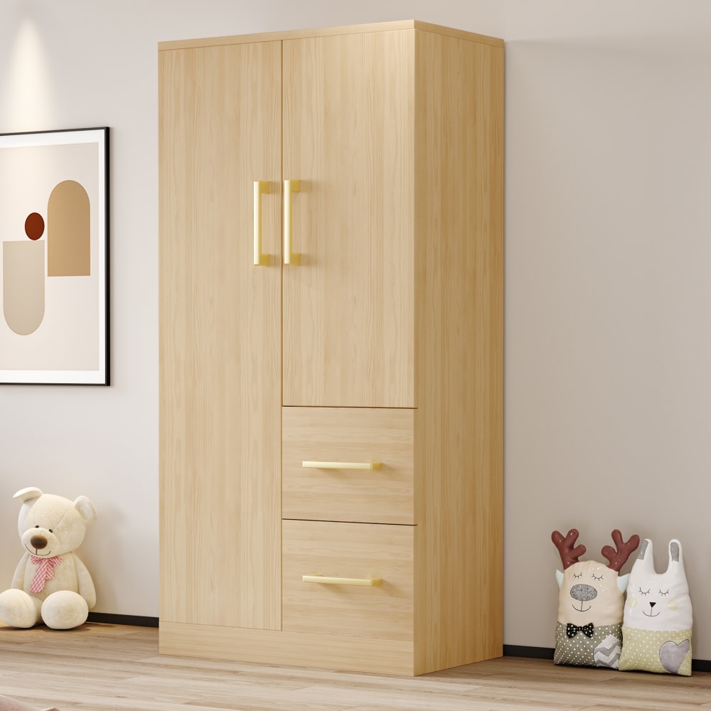 Armoire en bois clair avec penderie et tiroirs