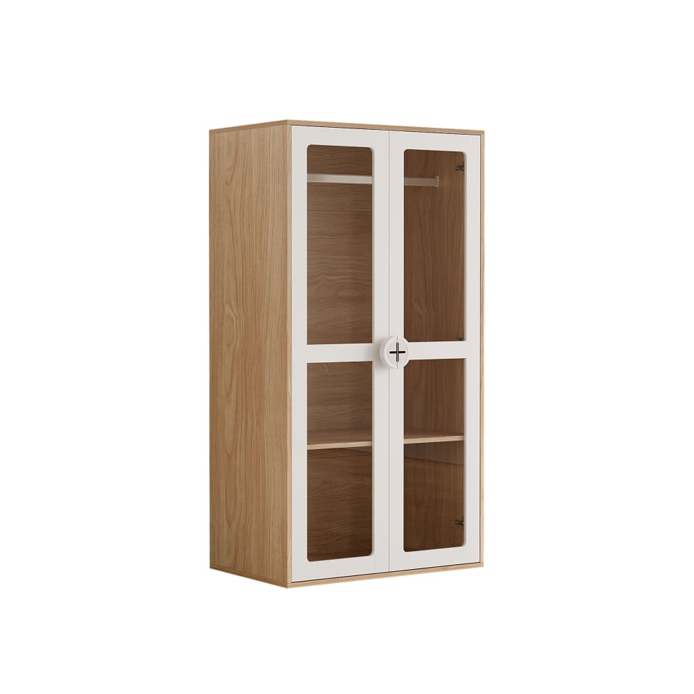 Armoire en bois clair avec portes vitrées blanches