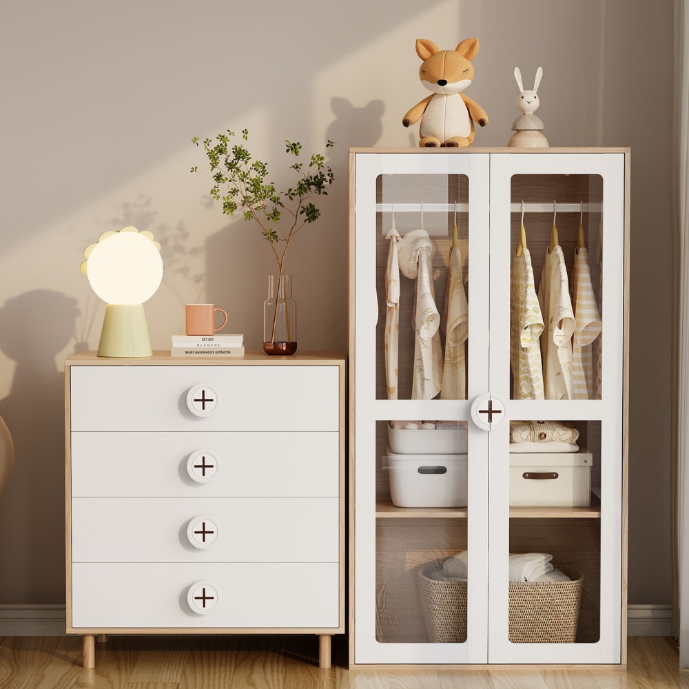 Ensemble armoire et commode enfant en bois clair et blanc