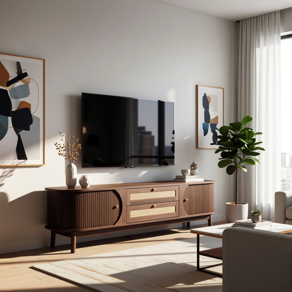 Urban Meuble Niedriger TV-Schrank aus Dunklem Holz mit Rattanschubladen, Braun Braun Spanplatte