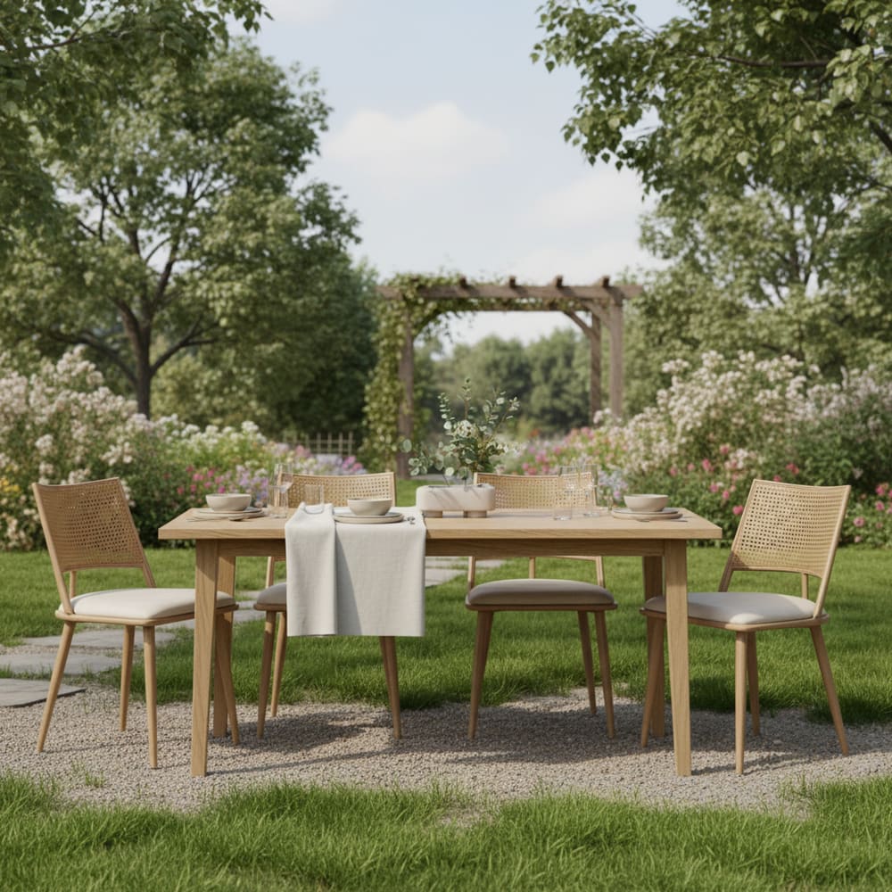 Lot de 4 chaises de salle à manger en bois clair avec dossier en rotin