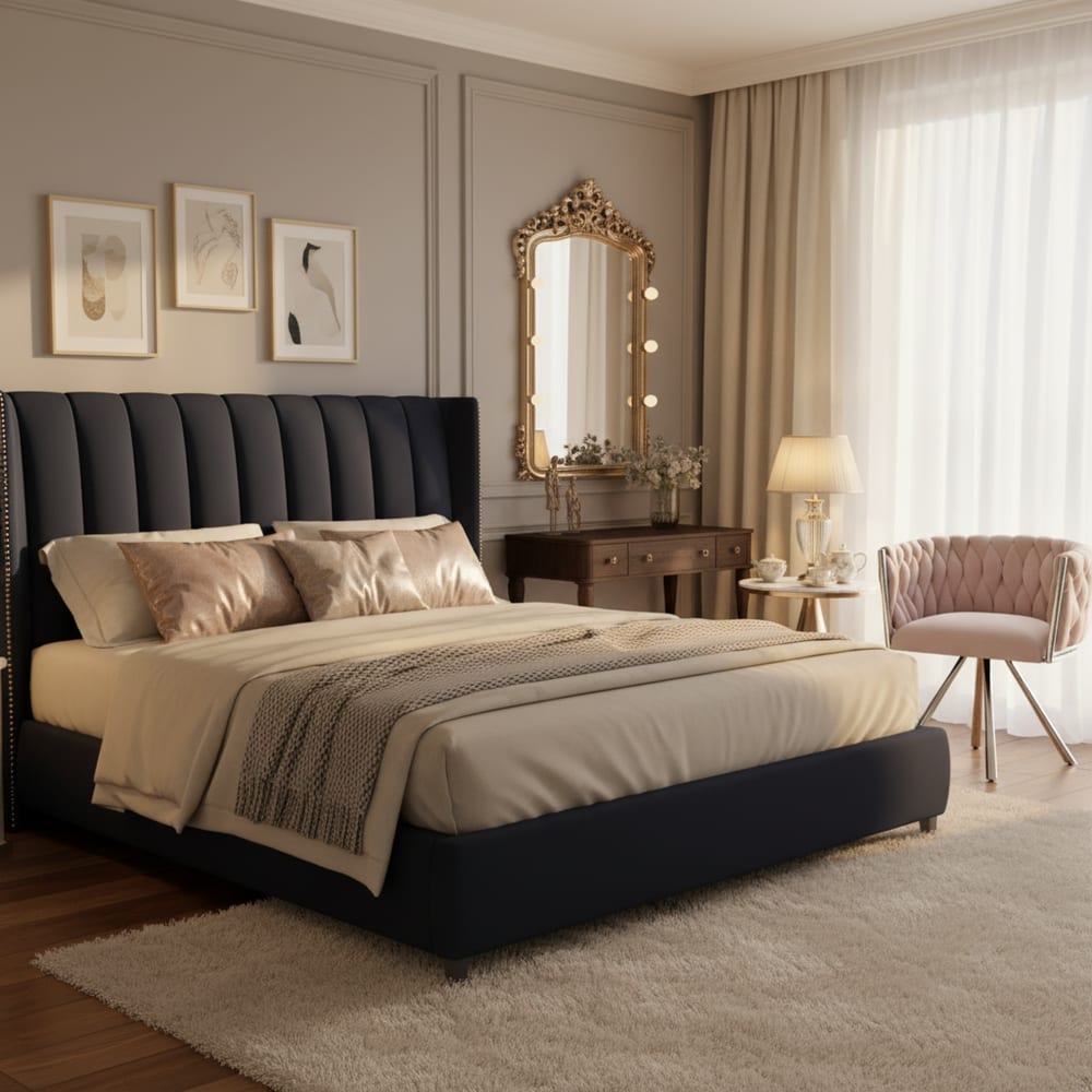 Fauteuil en velours rose avec piètement chromé