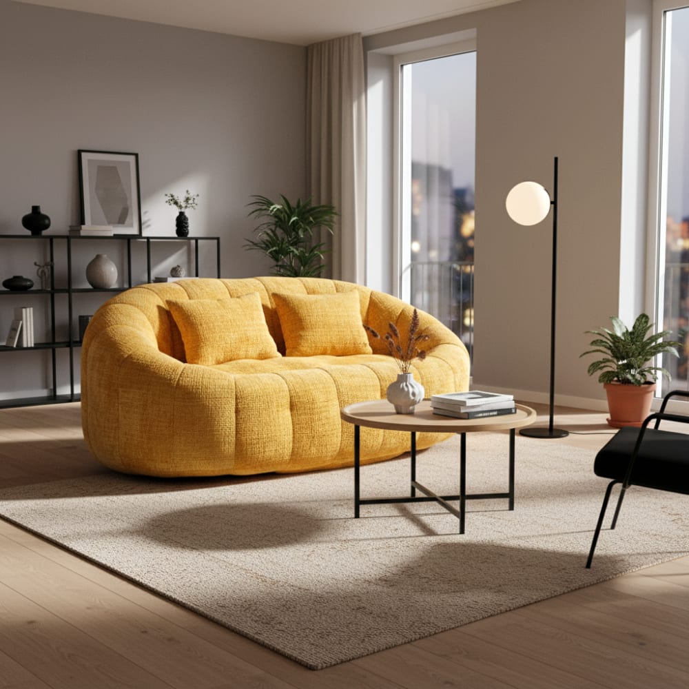 Ovales Sofa aus Bouclé-Stoff mit Kissen,Gelb - Maisons Du Monde