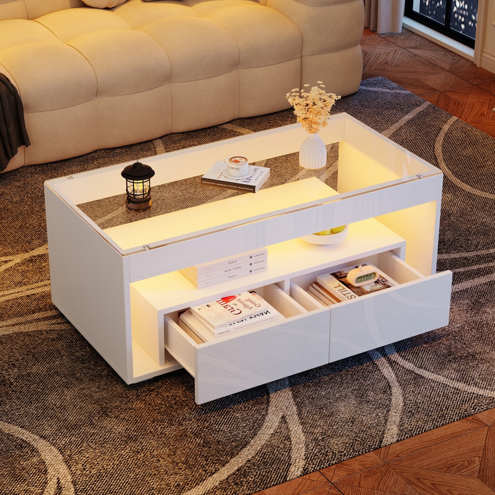 Couchtisch mit Glasplatte und LED-Beleuchtung, Weiß - Maisons Du