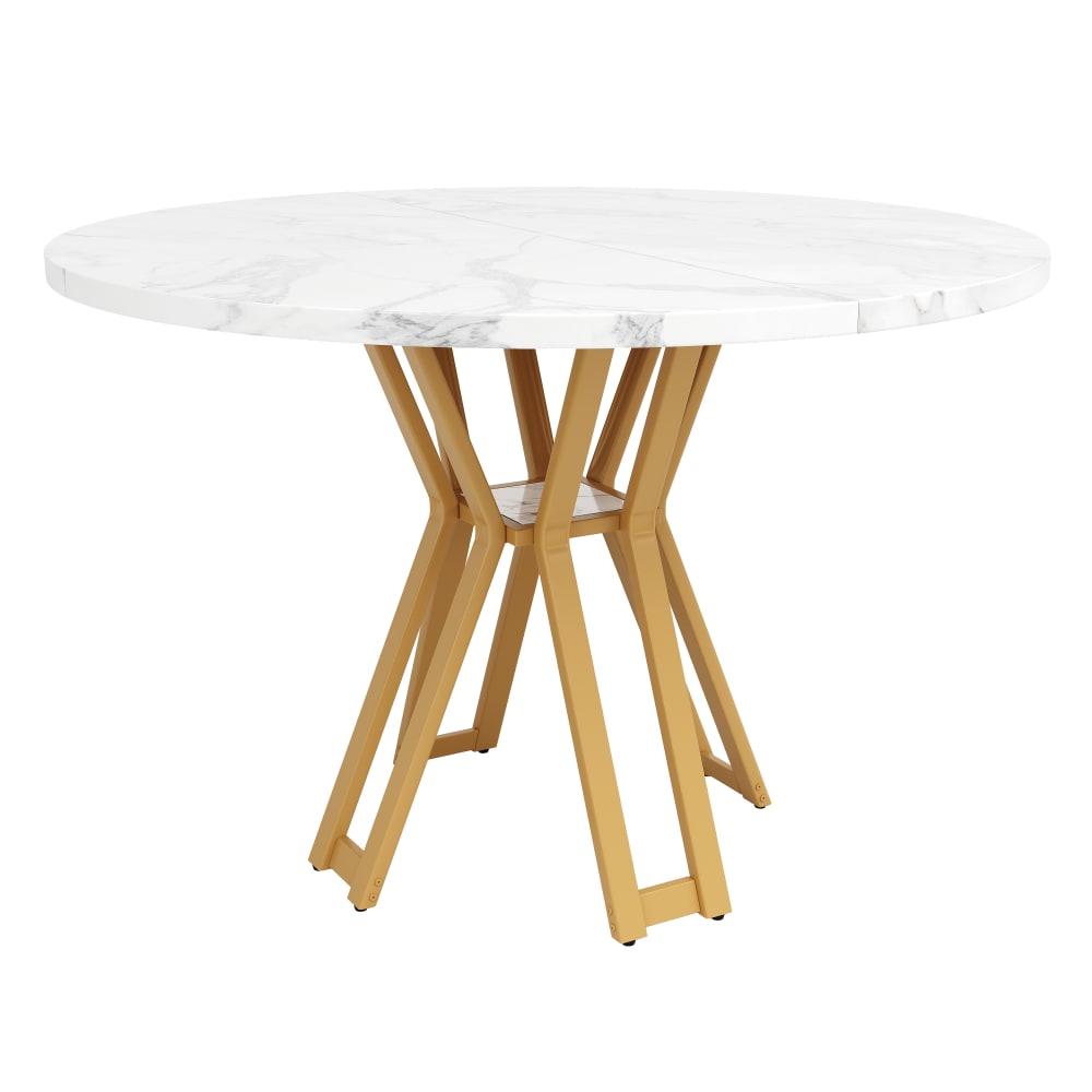 Table à manger ronde effet marbre blanc avec pieds dorés en métal