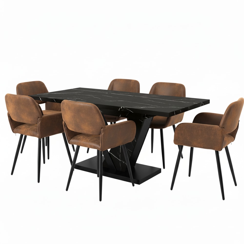 Table à manger effet marbre noir avec 6 chaises en simili cuir brun