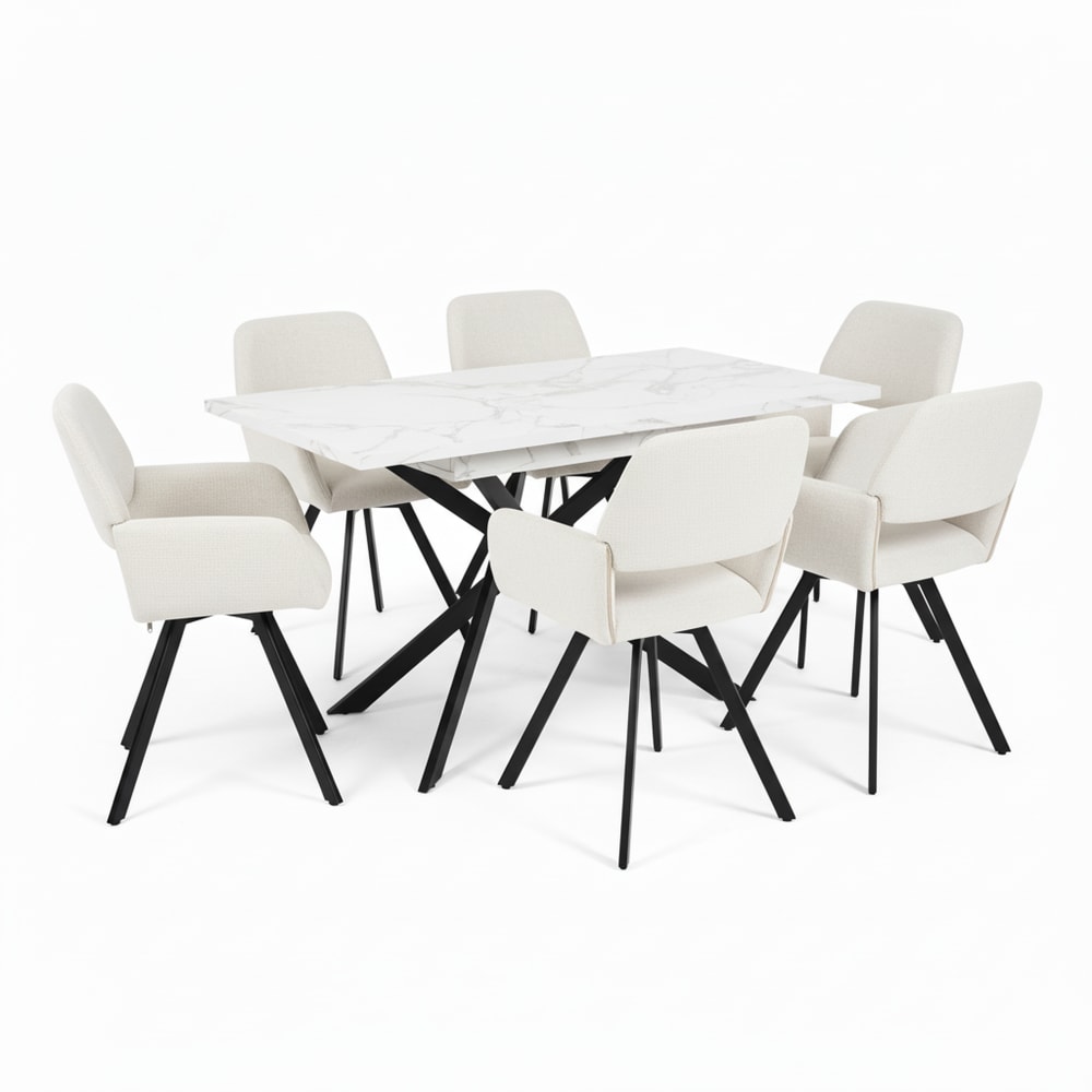 Table à manger effet marbre blanc avec 6 chaises en tissu beige