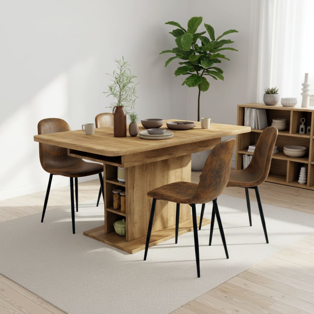 Table à manger chêne avec rangement intégré et 4 chaise marron