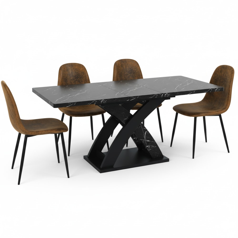 Table à manger extensible effet marbre noir avec 4 chaises marron
