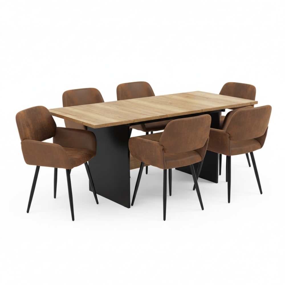 Table à manger extensible effet chêne clair avec 6 chaises  marron