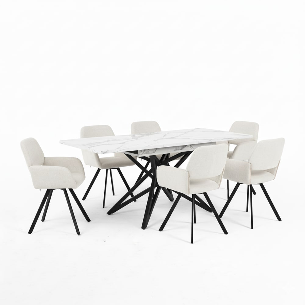 Table à manger extensible effet marbre et 6 chaises pivotantes beige