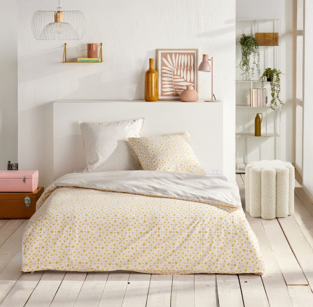 Parure de lit imprimé Graphique coton  240x220cm Jaune