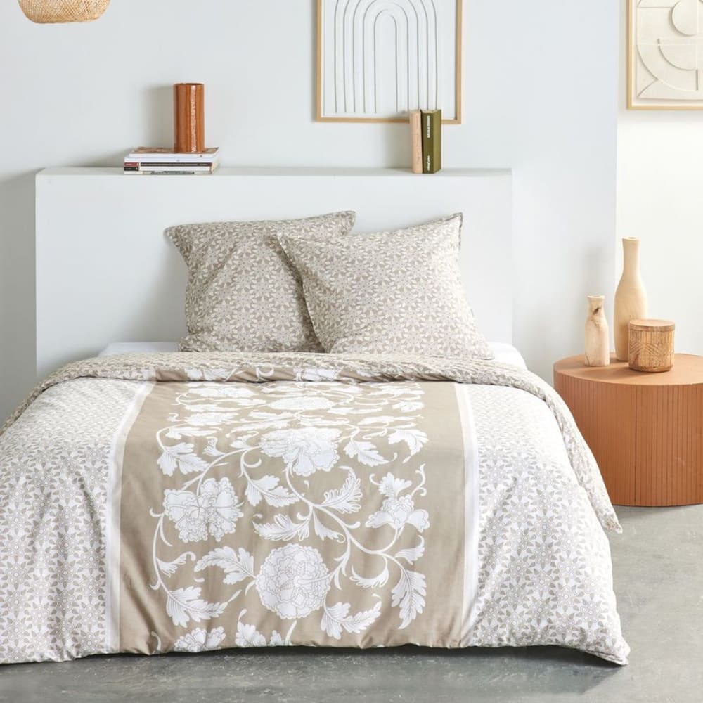 Parure de lit imprimé Floral coton  260x240cm Beige