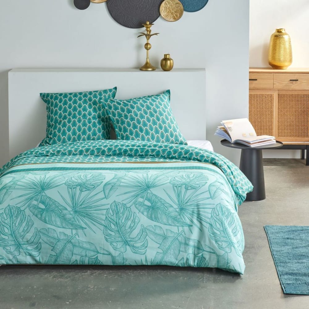 Parure de lit imprimé Floral coton  240x220cm Bleu