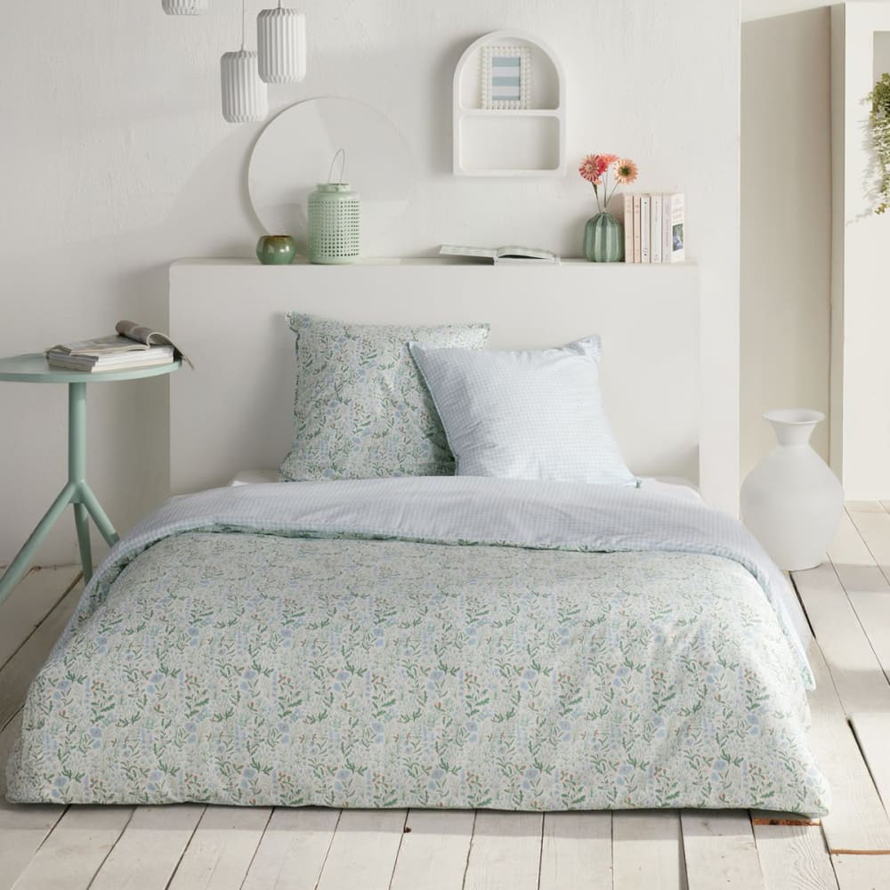 Parure de lit imprimé Floral coton  220x240cm Bleu