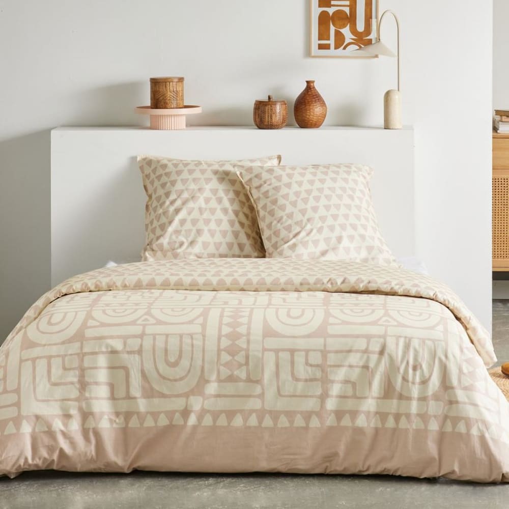 Parure de lit imprimé Graphique coton  240x220cm Beige