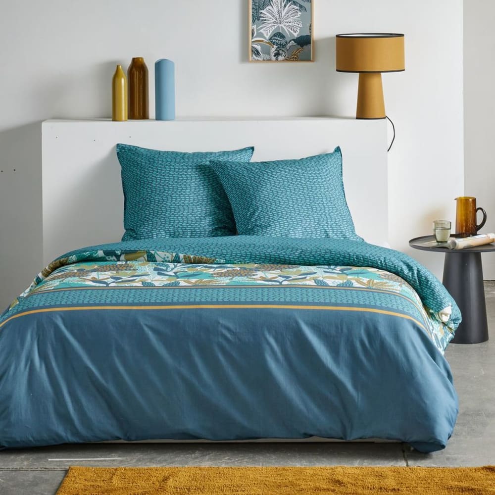 Parure de lit imprimé Floral coton  240x220cm Bleu