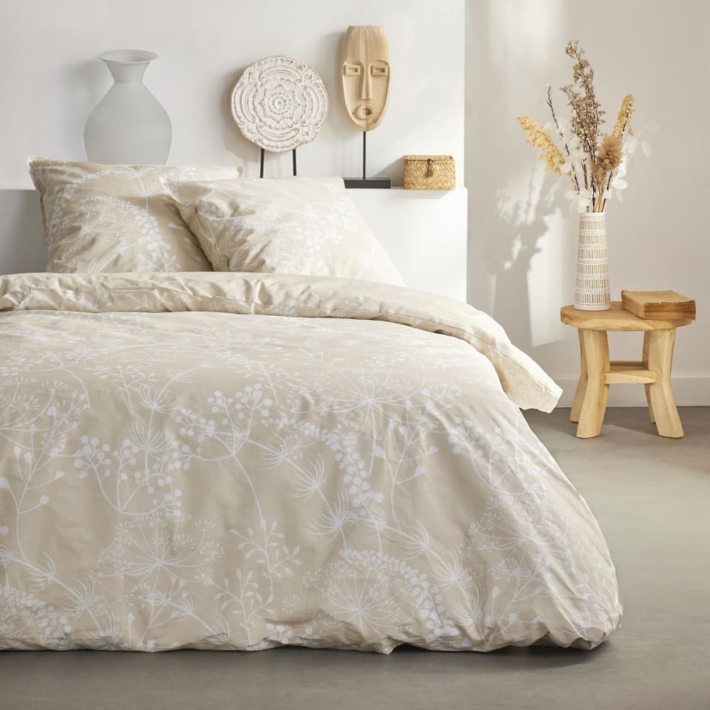 Parure de lit imprimé Floral coton  240x220cm Beige