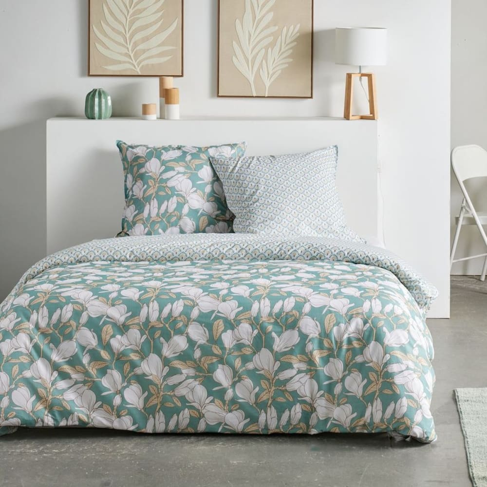 Parure de lit imprimé Floral coton  260x240cm Bleu