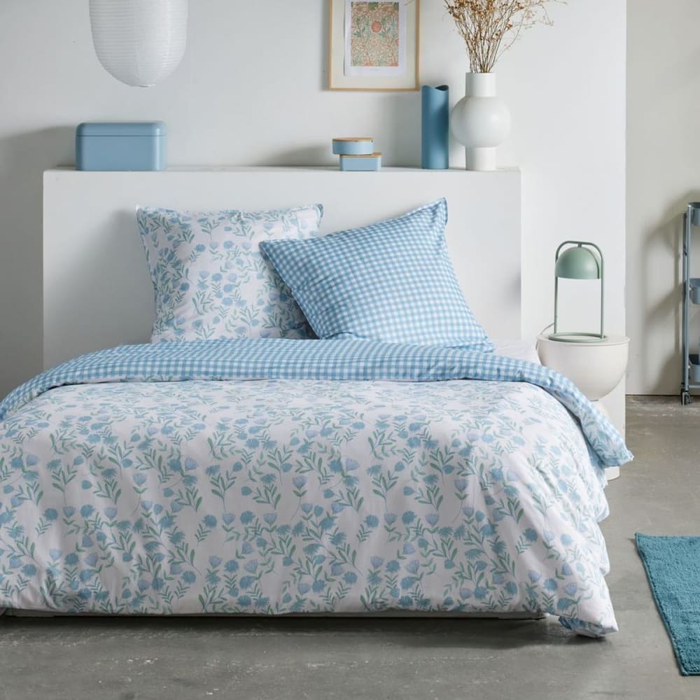 Parure de lit imprimé Floral coton  240x220cm Bleu