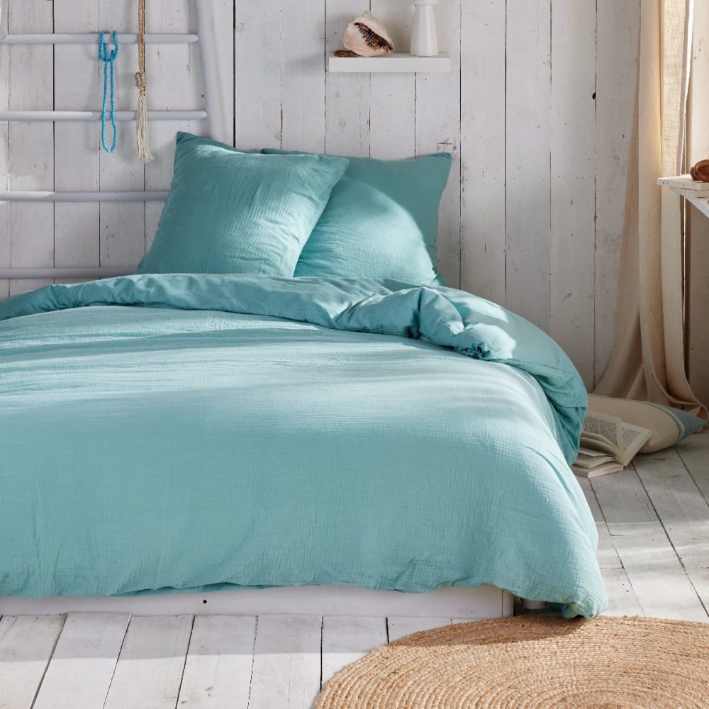 Parure de lit gaze de coton unie  240x220cm Bleu