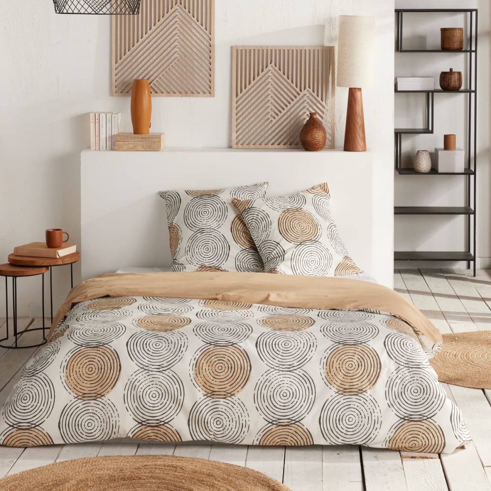 Parure de lit imprimé Géométrique coton  220x240cm Beige