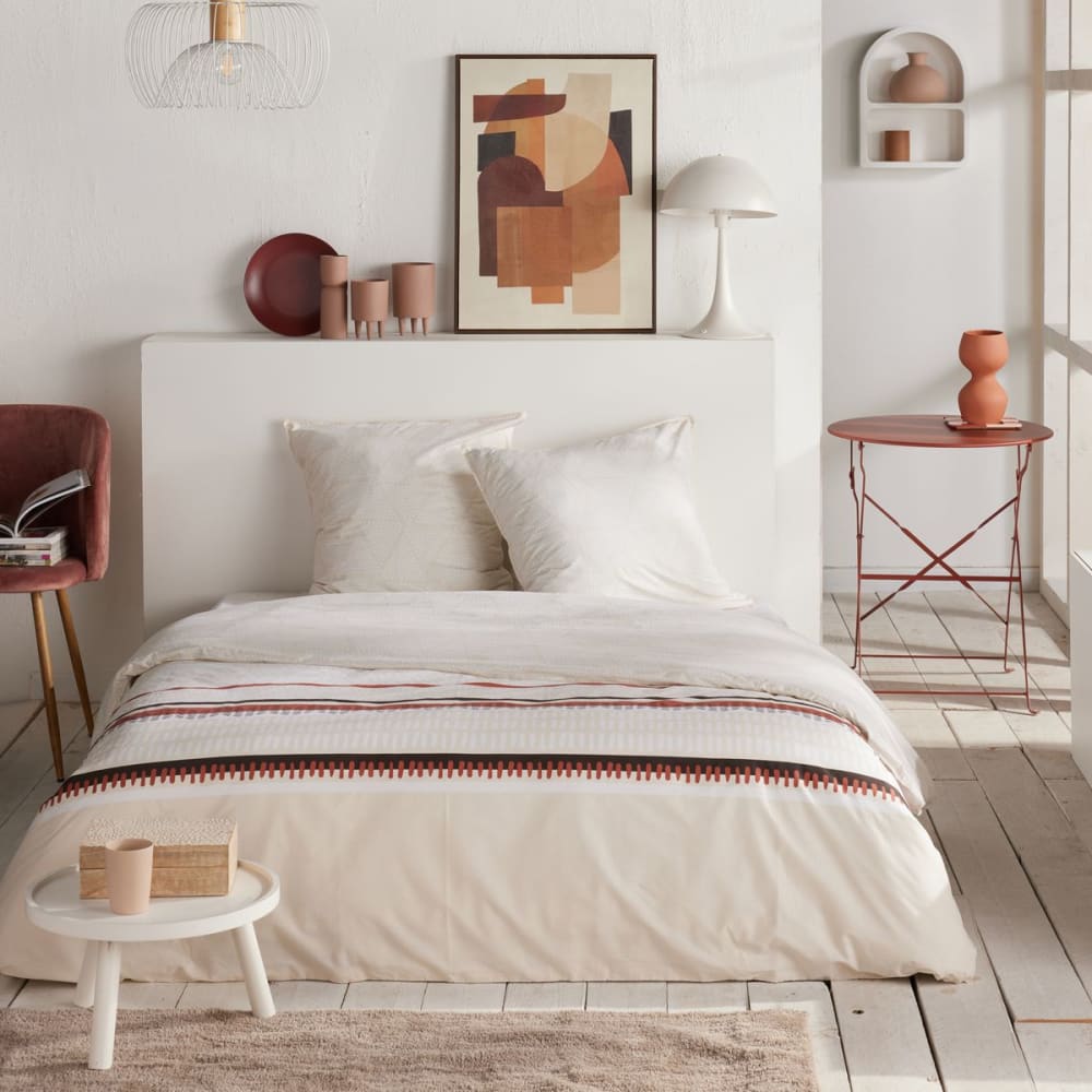 Parure de lit imprimé Géométrique coton  220x240cm Beige