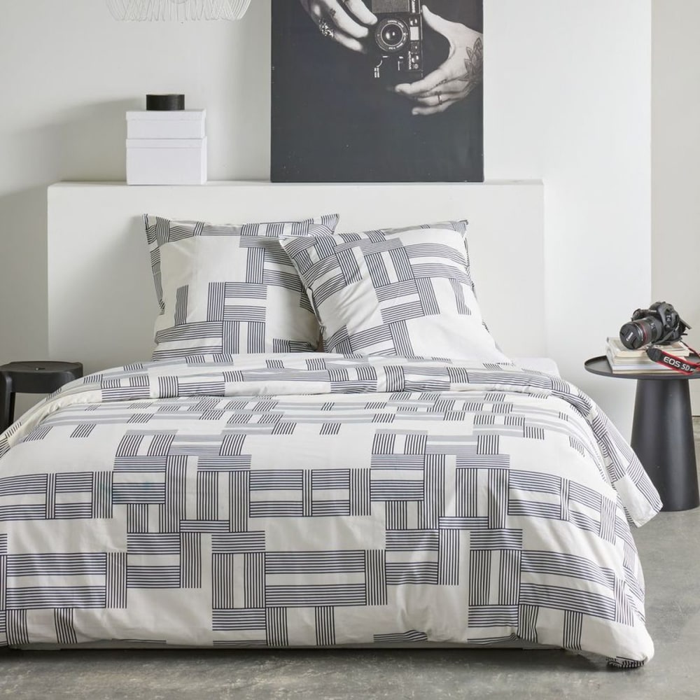 Parure de lit imprimé Graphique coton  240x220cm Blanc